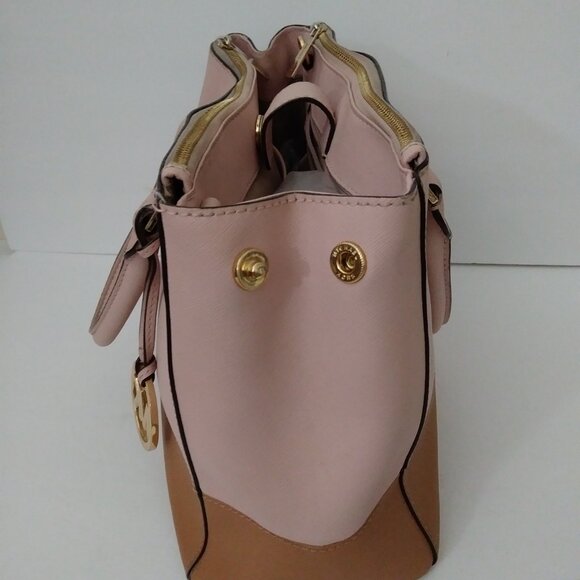 Michael Kors Satchel Bag Purse Double Handle Logo Charm Pink/Tan - Picture 14 of 16